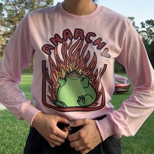Pastel Light Pink Anarchy Frog Long Sleeve T Shirt, Cute Funny Chaotic Unhinged